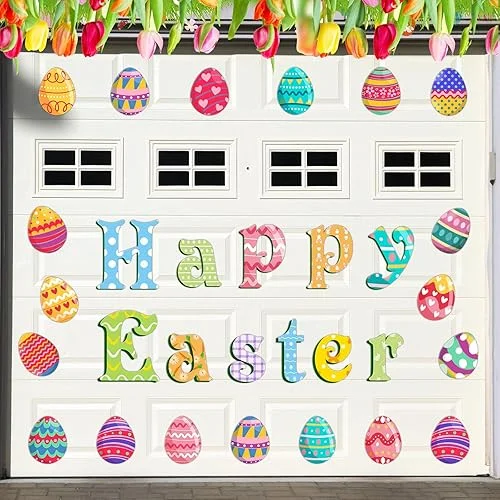 Hoteam 30 Pcs Happy Easter Garage Door Magnets Car Easter Decals Colorful Garage Door Magnets Reusable Refrigerator Sticker Holiday Decorations for Decor Party Supplies(Retro Style)
