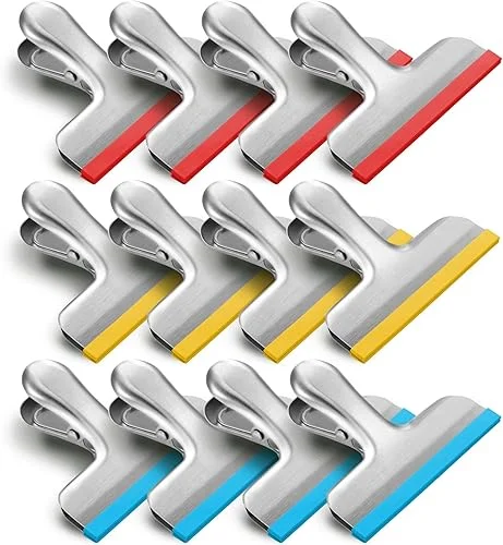HOUSE AGAIN 12 Pack Stainless Steel Chip Bag Clips Covered with Silicone – NO More Sharp Edges – Color Coded for Food Bags – Air Tight Seal, Heavy Duty for Kitchen and Office, 3 Inches