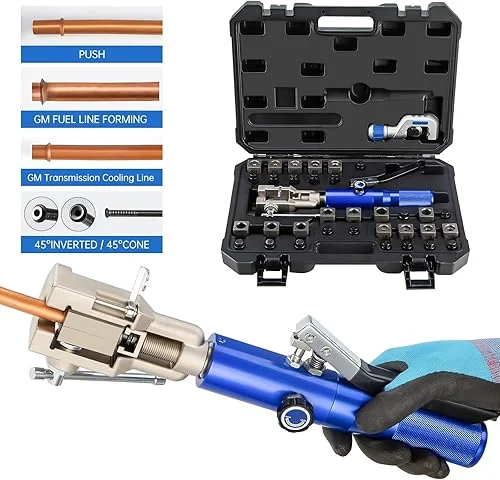 Hydraulic Flaring Tool Kits, 45° Double Flaring Tools, Brake Repair Brake Flaring Tool for 3/16′-1/2′, Brake Flare Tool with Tube Cutter, 33PCS Flaring Dies for Copper Line, Steel Pipe and GM Reparing