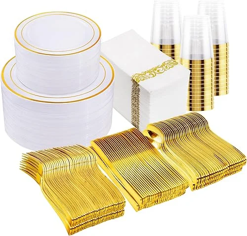 I00000 700Pcs Gold Dinnerware Set for 100 Guests, Plastic Plates for Party, Include: 100 Gold Rim Dinner Plates, 100 Gold Dessert Plates, 100 Paper Napkins, 100 Cups, 100 Gold Plastic Silverware Set