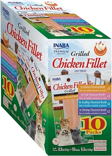 INABA Premium Grilled Chicken Fillet Cat Treats with Vitamin E and Green Tea Extract, 0.9 Ounces Each, Pack of 10, Variety Box