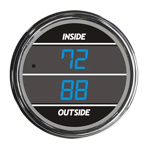 Inside Outside Auto Thermometer Gauge Dual Display for Any Semi, Pickup Truck or Car – Bezel: Chrome – LED Color: Blue