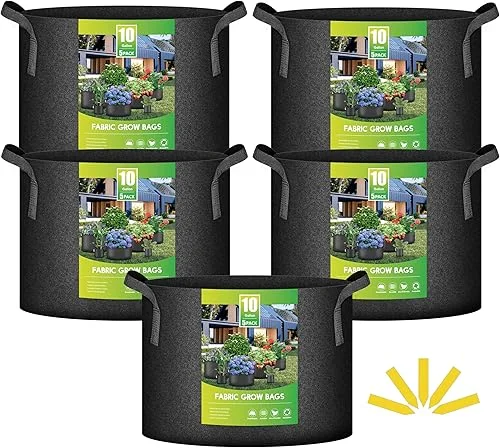 iPower 5 Pack 10 Gallon Grow Bags, Garden Planting Nonwoven Fabric Pots with Reinforced Handle, Heavy Duty and Aeration Planter Pot for Tomato, Fruits, Vegetables and Flowers