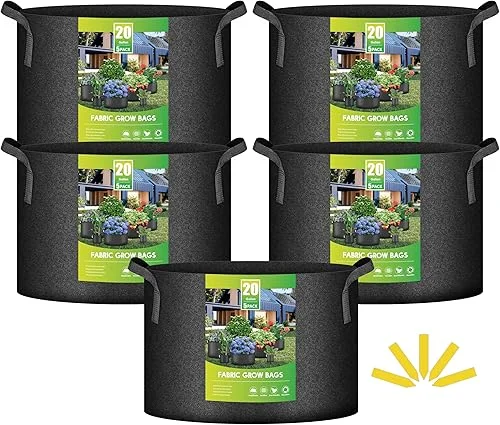 iPower 5-Pack 20 Gallon Thickened Grow Bags Nonwoven Fabric Pots Aeration Container with Strap Handles for Garden and Planting, Black