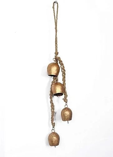Iron Wrought Bell Chime Handmade Brass Finish Wall Hanging Rope 4 Bell