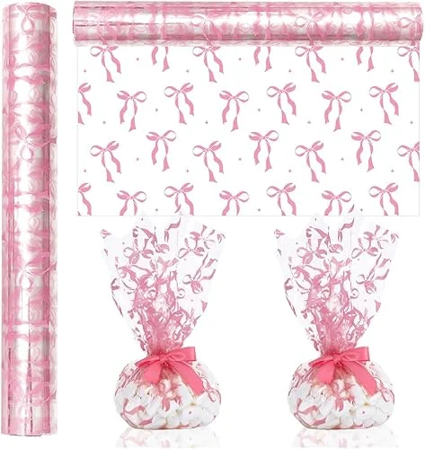 JarThenaAMCS Pink Bow Cellophane Wrap Roll 100Ft x 16In 2.5Mil Clear Bow Tie Cellophane Paper Cello Wrapping Paper for Birthday Wedding Treat Basket Party Favor