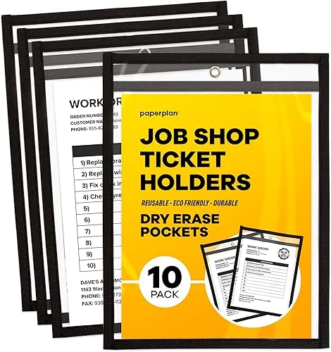 Job Ticket Holders 9×12 – (10 Pack), 8.5 x 11 Letter Size, Dry Erase Pockets, Clear & Black Plastic Sleeves – Reusable, Water-Resistant