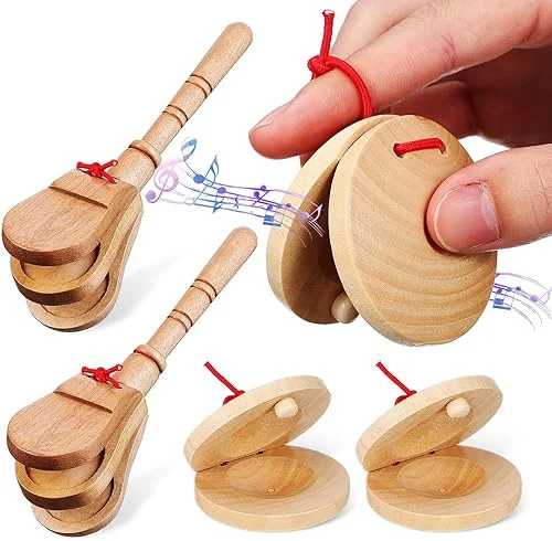 jojofuny 4pcs Wooden Castanets Set – Finger Castanets & Wooden Three Castanets, Musical Instrument for Kids Percussion Practice Music Education