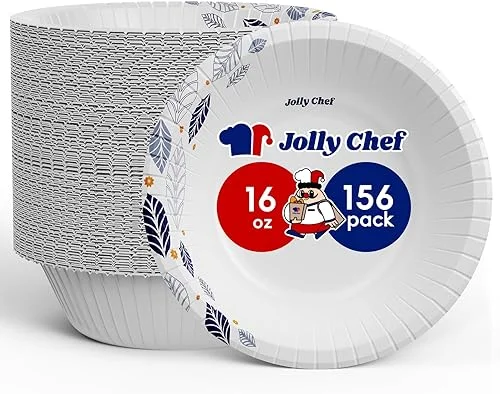 JOLLY CHEF 156 Count Paper Bowls 16 OZ with Leaf Floral Print, Heavy-duty Bowls Bulk Perfect for Parties,Picnics,and Everyday Use