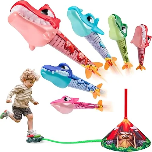 JOYIN Dinosaur Toy Rocket Launcher for Kids, 6 Dinosaur Foam Rockets, Launch up to 100 ft, Family Fun, Birthdays, Gift for Kids Boys 3 4 5 6 7 8 Years Old