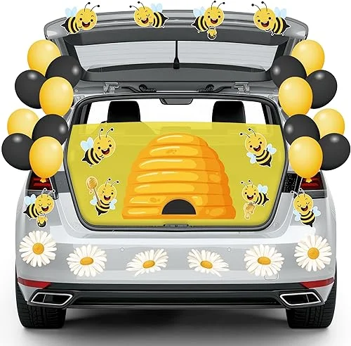 K1tpde 46PCS Halloween Trunk or Treat Outdoor Car Decoration Kit with Honeycomb Bee Daisy Cutouts and Balloons Backdrop for Car Archway Garage Door Indoor Decoration Halloween Beehive Party Decor