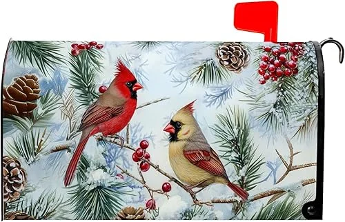 Kawani Winter Birds Mailbox Covers Magnetic 18×21 Inch, Christmas Red Bird Holly Berry Pine Branches Farmhouse Standard Post Box Wrap Cover for Garden Yard Outdoor Decoration