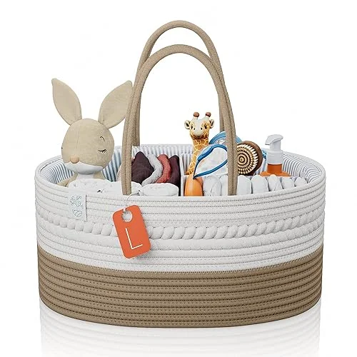 KiddyCare Woven Diaper Caddy Organizer, Large Gray Multi Functional Portable Baby Basket with Handle, Baby Gift for Boy/Girl Nursery Storage, Organization, and Modern Car Diaper Caddy Natural Large