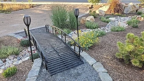 Kinfant Outdoor Metal Garden Bridge – 8 Ft Decorative Iron Landscape Bridge with 2 Safety Siderails, for Pond, Creek, Stream
