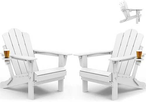 KINGYES Folding Adjustable Backrest HDPE Adirondack Chair Set of 2, White