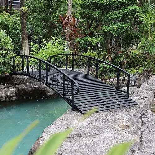 Kinpaw 8FT Metal Garden Bridge, Outdoor Arc Walkway with 2 Safety Rails, Durable Decorative Footbridge with Large Weight Capacity, Decor for Stream, Fish Pond, Antique Black