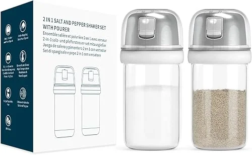 KTCHENDAO 2 in 1 Glass Salt and Pepper Shaker with Side Pour Spout, Built-in Lid for Moisture-proof, Elegant Borosilicate Glass Salt Pepper Dispenser set for Kitchen, BPA Free,4oz (White)
