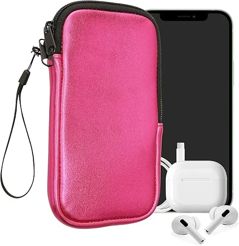 kwmobile Neoprene Phone Pouch Size XXL – 7′ – Universal Cell Sleeve Mobile Bag with Zipper, Wrist Strap – Metallic Pink