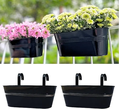 LaLaGreen Outdoor Plants Rail Planter (16 Inch, 2 Pack) Black Metal Iron Hanging Flower Pots Deck Railings Fence Buckets Modern Boho Style Wall Mount Window Boxes Plant Holder Hooks Porch Home Decor