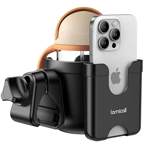 Lamicall Stroller Cup Holder with Phone Holder – Stable Anti-Slip Stroller Cup Holder Attachment for Uppababy, Nuna, Doona, 360° Rotatable Stroller Accessories for Walker, Wheelchair, Bike, Scooter