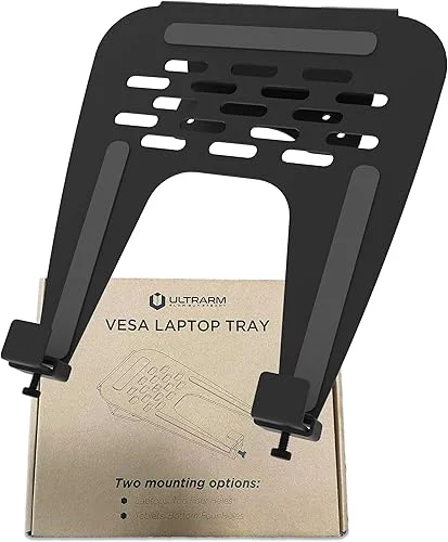 Laptop Tray Steel Notebook Holder for Monitor Arm Desk Mount Stand Fits VESA 75/100 Mounting Holes 29lbs Capacity with Vented Cooling Platform Smooth Laptop Access Design, Black, MAAC-L