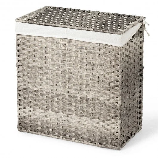 Laundry Hamper Hand-Woven Synthetic Rattan Laundry Basket-Gray