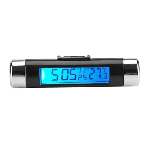 LCD Display Digital Clip on Car Clock Thermometer Temperature Meter Gauge Automotive Mini Clock Monitor with Backlight for Truck Car(Blue Backlight)