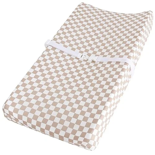 LifeTree Diaper Changing Pad Cover for Boys Girls – Soft Muslin Fitted Changing Table Sheets – 16’x32′ Viscose from Bamboo Cotton Blend – Tan Checkered Print