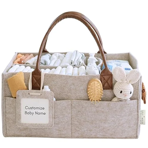Lily Miles Baby Diaper Caddy Organizer, Nursery Storage Basket for Newborn Essentials, Neutral Gift for Baby Shower, Registry Must-Have, Car Organizer for Diapers and Wipes – Sand, Large