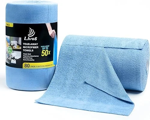 LIVOS Microfiber Cleaning Cloth Roll – 80 Pack, Reusable Paper Towels Blue Tear Away, Microfiber Towels for Cars, Super Absorbent Lint Free Cleaning Rags for House, Kitchen, Window-11.5’x11.5′