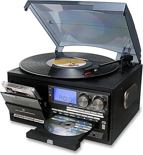 LoopTone Vinyl Record Player 10 in 1 3 Speed Bluetooth Vintage Turntable CD Cassette Player AM/FM Radio USB Recorder Aux-in RCA Line-Out (Black-Grey)