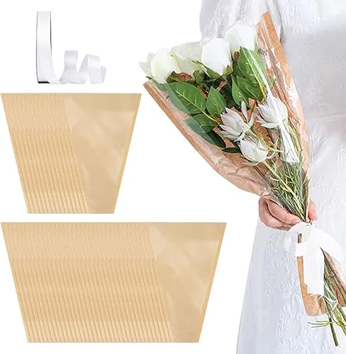 LOQJSS 50PCS Flower Bouquet Bag W/1roll Ribbon,22.05 x 14.57 x 4.72 in Paper Flower Bouquet Sleeve,Clear Cellophane Flower Wrapping Paper Bag,Florist Packaging Supplies