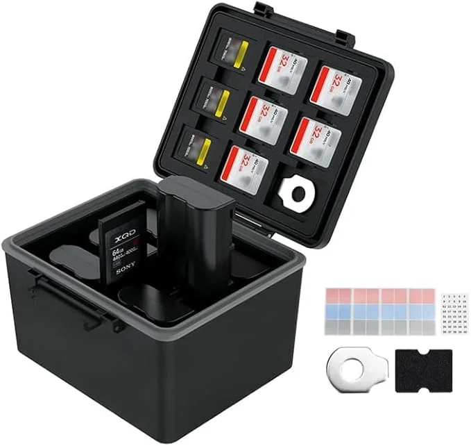 LP-E6 EN-EL15C NP-W235 FZ100 Camera Battery and Memory Card Case with Labels,DSLR SLR Battery Organizer Storage for 16 Micro SD 6 SD 3 CF Express Type A and 2 XQD/CF Cards,Water-Resistant & Shockproof