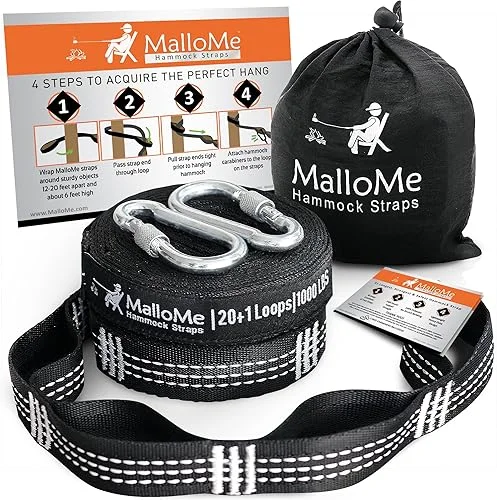 MalloMe XL Hammock Straps for Trees – Hammock Tree Straps Set 2000+ LBS Heavy Duty 40 Loops & 100% No Stretch Suspension System Kit – Camping Hammocks Accessories | 2 Carabiners | 12 Feet Black