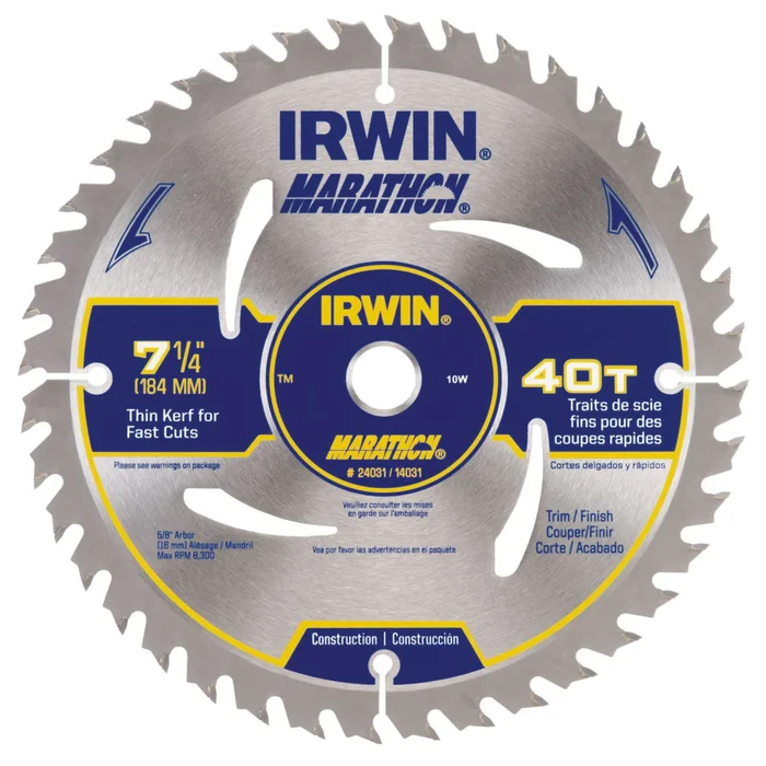 Marathon 14031 Circular Saw Blade, 7-1/4 In Dia, 5/8 In Arbor, Carbide Cutting Edge, 40-teeth Atb Teeth