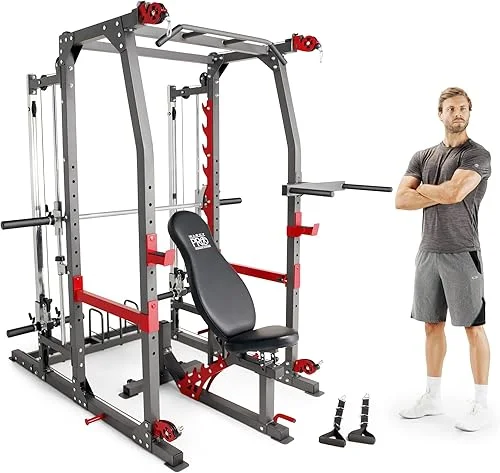 Marcy 3 in 1 Smith Machine Home Gym System with Upper and Lower Dual Cable Crossovers and Adjustable Bench for Full Body Training, Black