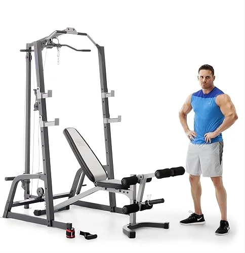 Marcy Pro Deluxe Cage System with Weightlifting Bench All-in-One Home Gym Equipment PM-5108,Black/Silver