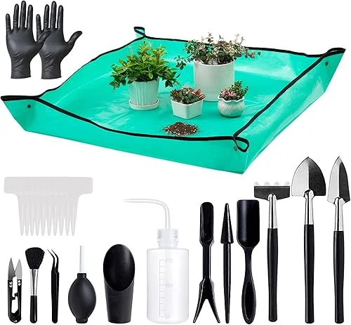 Melphoe 25Pcs Mini Garden Hand Transplanting Succulent Tools Set, 39.4′ Thickened Repotting Mat & Plant Tag, Miniature Planting Indoor Fairy Care, Potting, Cactus, Houseplant Bonsai Tool Kit (Black)