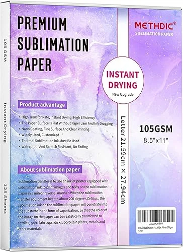 Methdic Sublimation Paper 8.5×11 Inch Instant Dry 125 Sheets Sublimation Blanks Transfer Paper For Inkjet Printer ，105gsm
