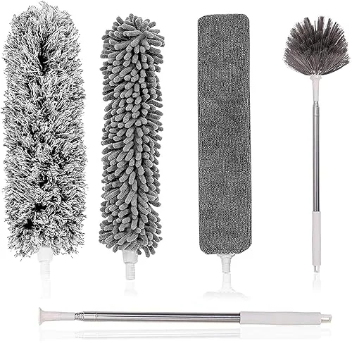 Microfiber Feather Duster 5-in-1 Kit, Dusters for Cleaning, Duster with Extension Pole 100 Inches, Cobweb Duster, Microfiber Dusters for High Ceilings and Fans, Blinds, Cars and Furniture