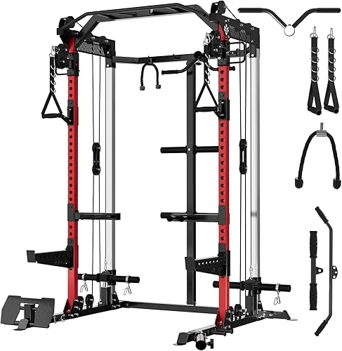 Mikolo Power Cage, 2000LB Squat Rack, Dual Pulley Cable Crossover System, Multi-function Free Weight Home Gym Workout Machine with Attachments