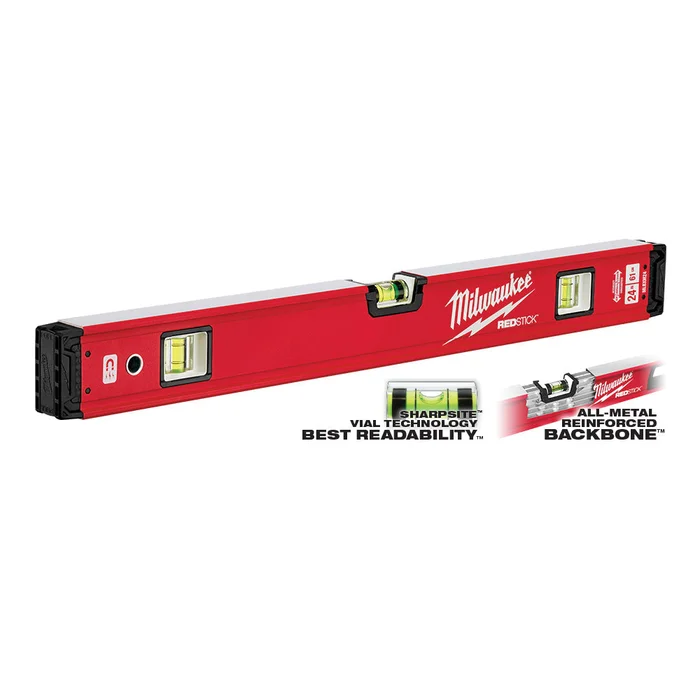 Milwaukee REDSTICK Series MLBXM24 Magnetic Box Level, 24 in L, 3-Vial, 1-Hang Hole, Magnetic, Aluminum, Red