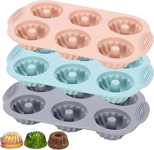 Mini Bundt Cake Pan 3pcs Silicone Fluted Tube Cake Pans, 6Cavity Heritage Bundtlette Cake Silicone Mold for Baking Non Stick Fancy Molds (Pink+Blue+Gray, Fluted Tube)