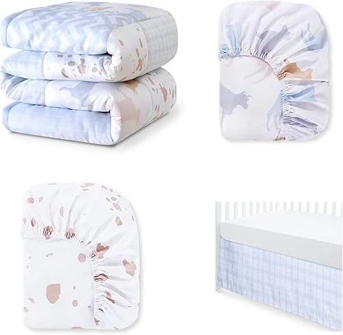 Mini Crib Bedding Set with Cow – 4pcs Polyester Quick Dry, Breathable Baby Crib Bedding Set for Newborn, Infants, Including Quilt, Two Matching Crib Sheet, Crib Skirts, Barnyard Western Nursery Decor