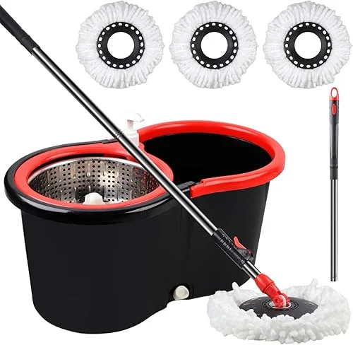 Mop and Bucket with Wringer Set,360° Mop and Bucket System with 3 Microfiber Mop Refills and 59′ Extended Handle for Floor Cleaning (Black)
