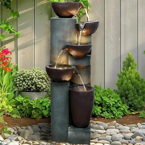 Naturefalls 39.7in.Modern Outdoor Fountain -5-Tier Resin Water Feature, Indoor Outdoor Garden Waterfall Fountain with Contemporary Design&LED Lights for Patio, Yard, Deck, House, Office, Home Decor
