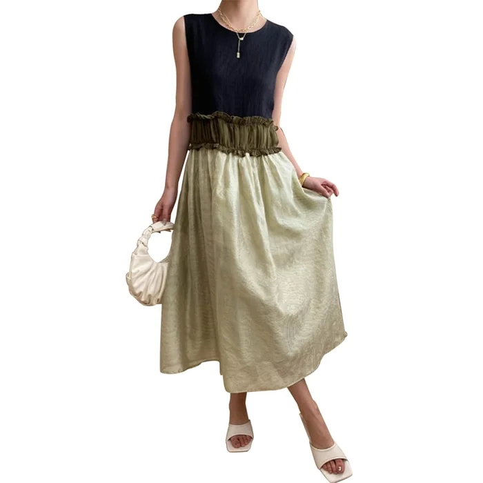 New Acetate Tencel French Patchwork Vest Dress Green And Black F