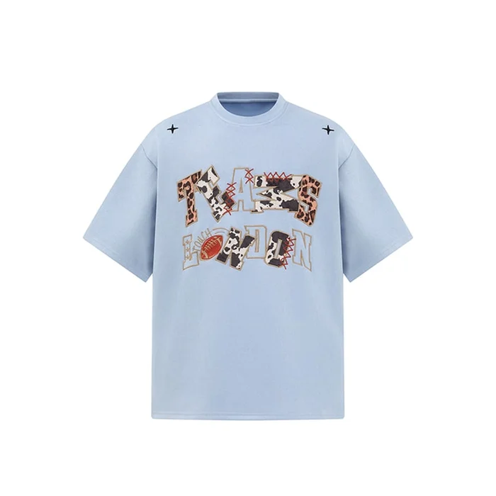 New American Street Sticker Embroidered Letter Loose Short Sleeved T-shirt Blue S