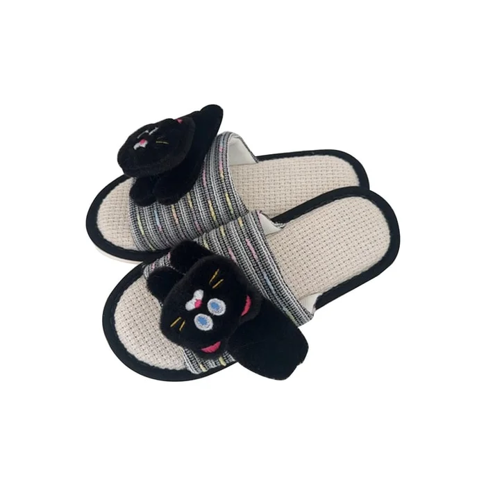 New Cartoon Cat Home Breathable Linen Slippers Black Flat Cat38-39(Suitable For37-38 Feet)