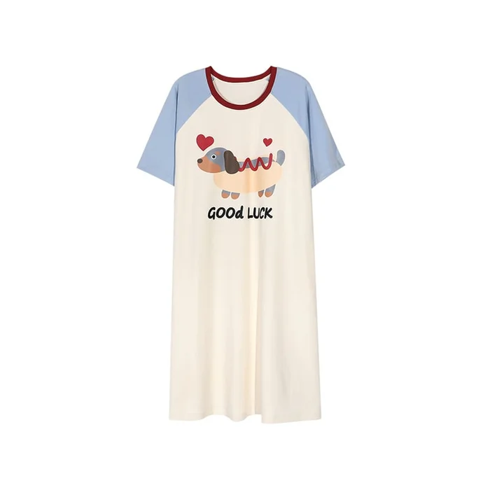 New Cartoon Cute Wind Belt Chest Mat Short Sleeve Sleeping Skirt Home Clothes Beige With Blue XL